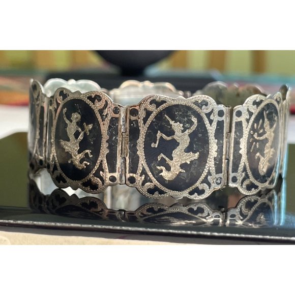 Sterling Silver Siam God Goddess Dancer Bracelet - Wide Niello 0.8" - Picture 2 of 9
